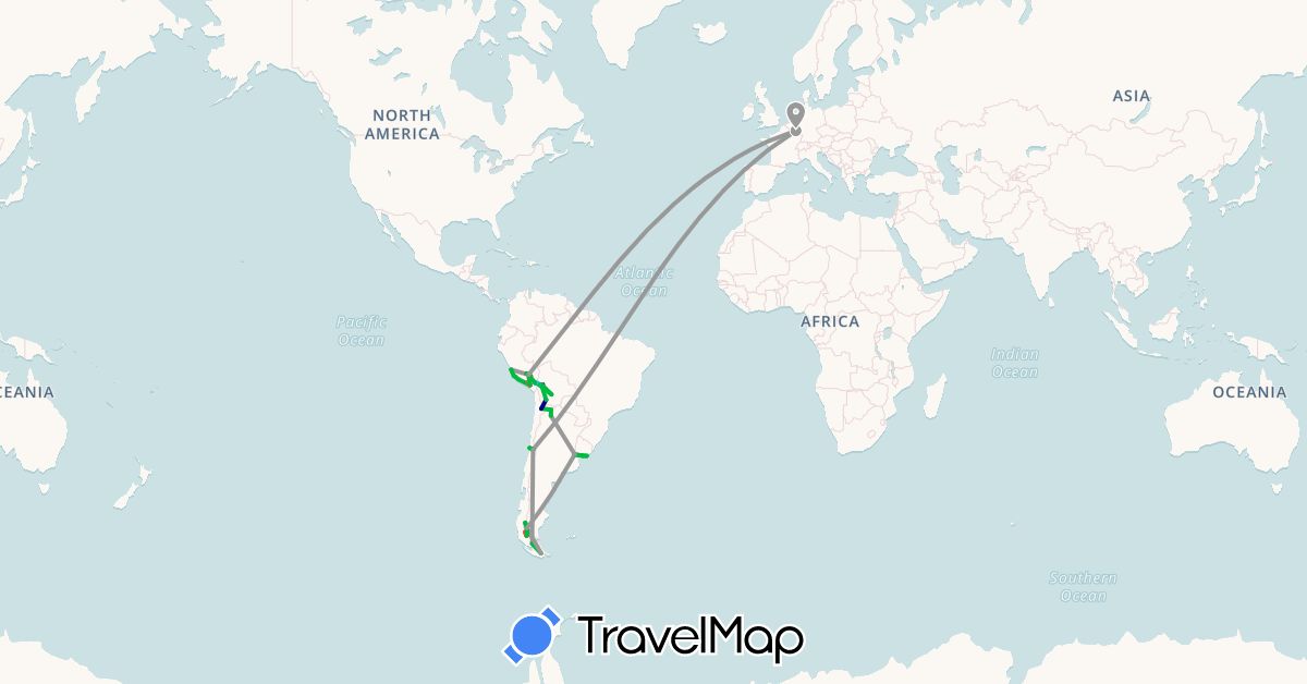 TravelMap itinerary: driving, bus, plane, cycling, hiking, boat in Argentina, Bolivia, Chile, Luxembourg, Peru, Uruguay (Europe, South America)